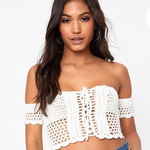 Pretty Little Thing White Crochet Bardot Crop Top